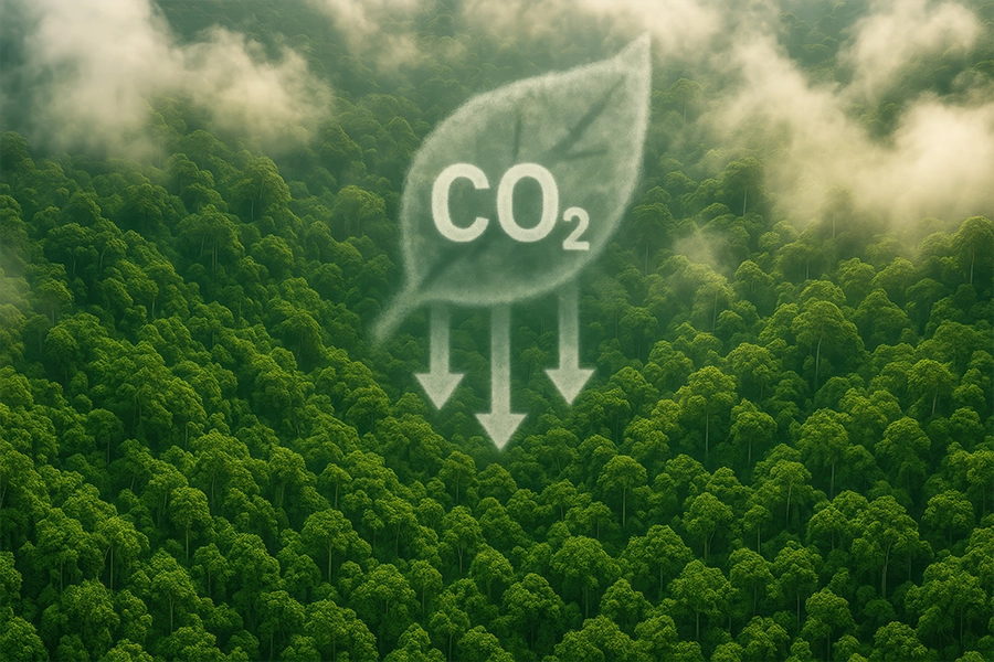 lower CO2 level image over a dense rainforest canopy